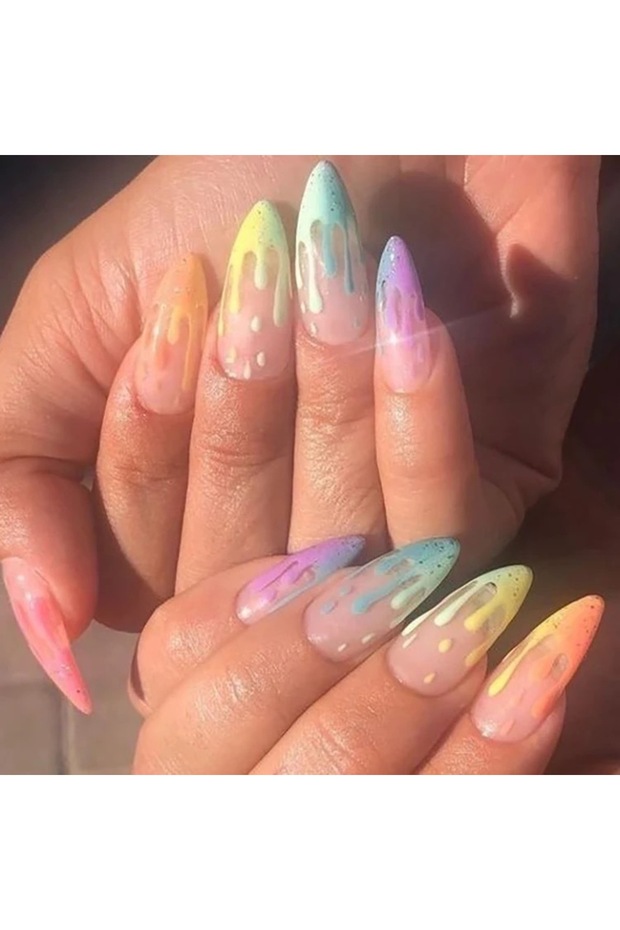 PDJ2745 24Pcs/Set Rainbow Gradient Long Pointed Wear False Nails Art Removable French Press on Nail