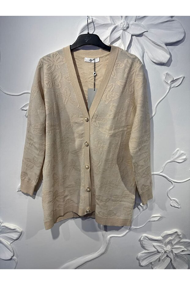 Butterfly Glitter Jacquard Knitwear Cardigan 21853 Beige