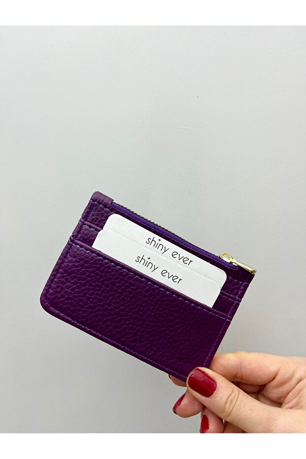 Four-Compartment Zipper Detailed Purple Leather Women's Card Holder