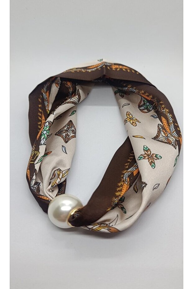 Ethnic Patterned Coffee & Beige Elegant Style Pearl Scarf Necklace (44 cm)
