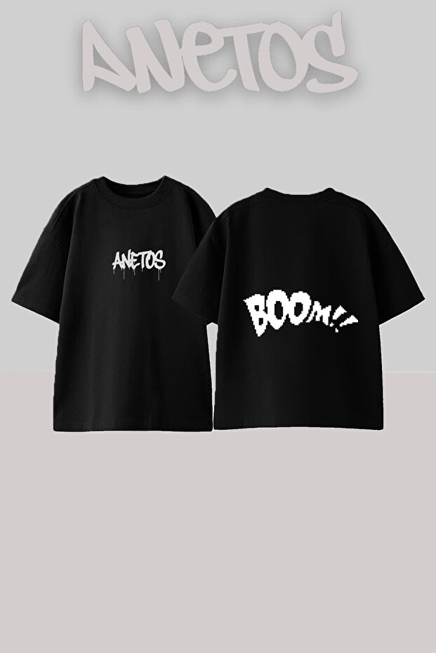 تي شيرت قطني أسود كبير الحجم مطبوع عليه تصميم Boom Text