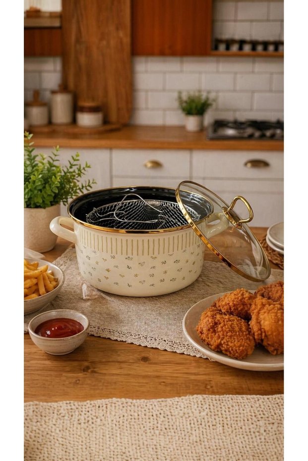 Very Popular Fiore Series Enamel Frying Pan with Glass Lid and Strainer with Double Handles - 24 cm