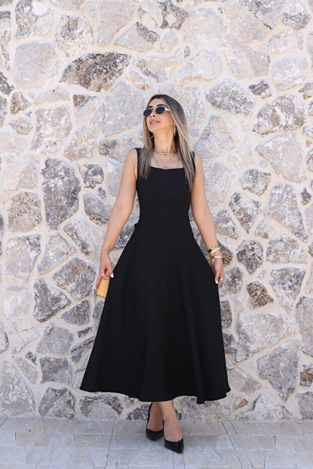 Black Square Neck Tie Back Midi Dress