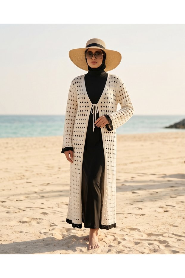 Summer Contrast Striped Modern Cut Long Kimono with Knit Detail, Kaftan- Beach Dress