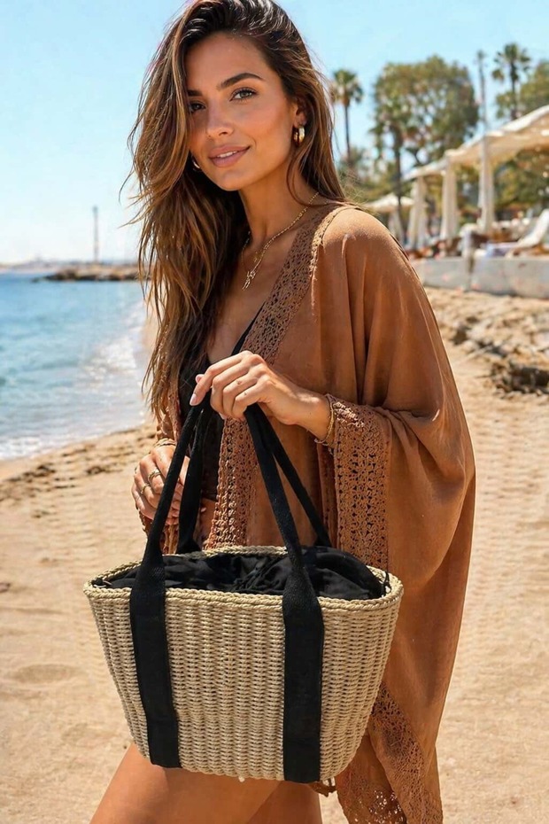 حقيبة نسائية من القش باللون البيج مقاس 35x25 سم