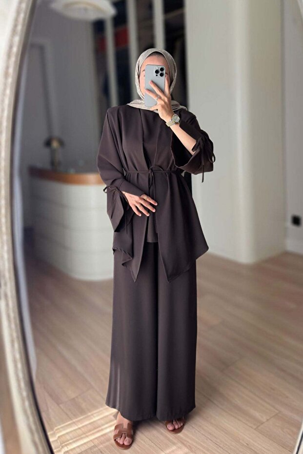 Draped Three-Piece Set with Sleeve Detail - Brown