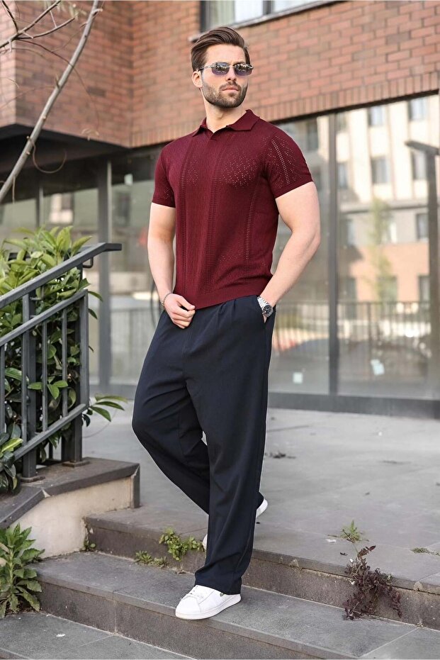 Purplish Blue Perforated Polo Collar Men's Knitwear T-Shirt E7495