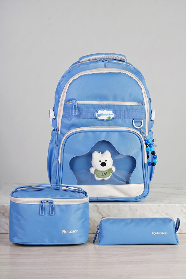 Relaxion 1920 Primary School Boys' Blue School Bag Set of 3 - with Lunch Box, Pen Holder, and Plush Keychain