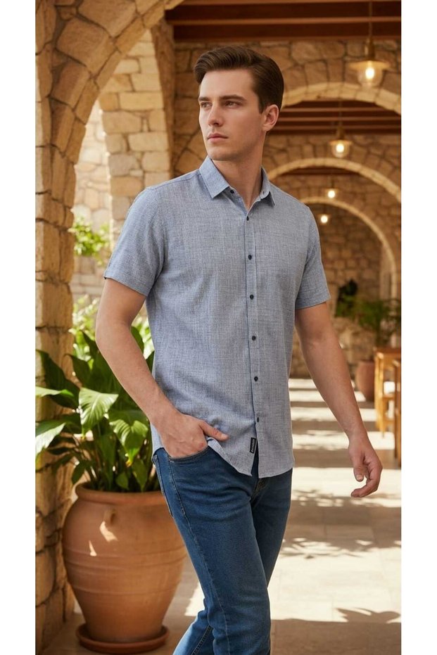 Short Sleeve Snap Fastener Free Collar Men's Linen Shirt