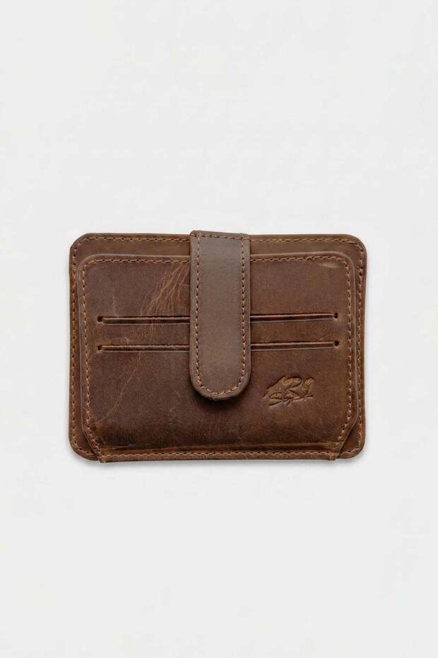 Men's Genuine Leather Snap Fastener Card Holder Brown