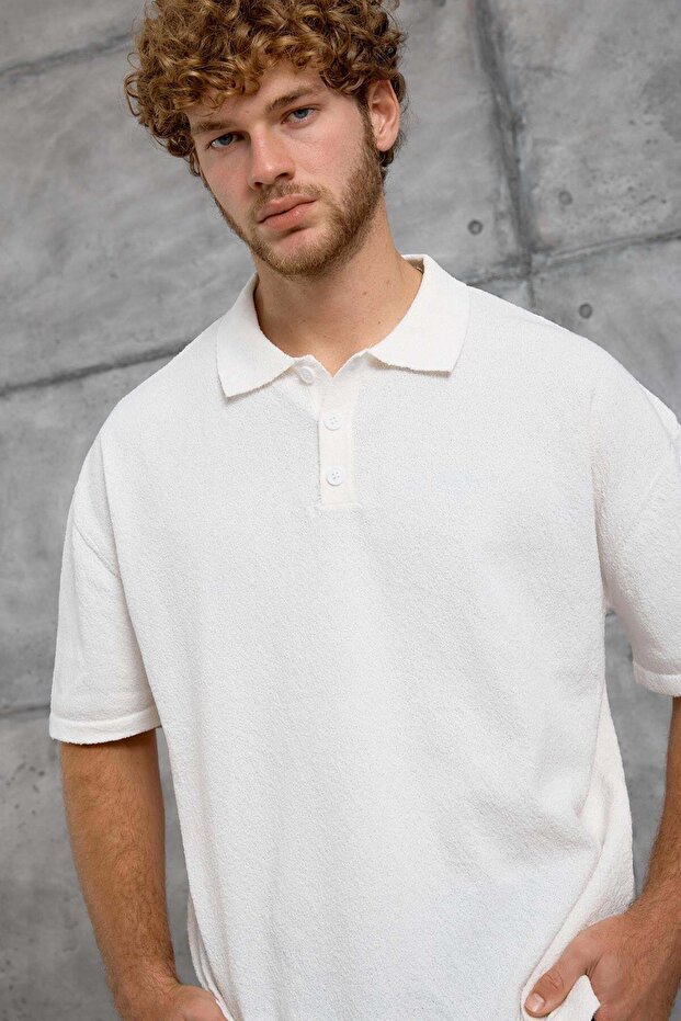 Men's T-Shirt Dp Collar Button Polo White Oversize Knitwear Fabric - 2