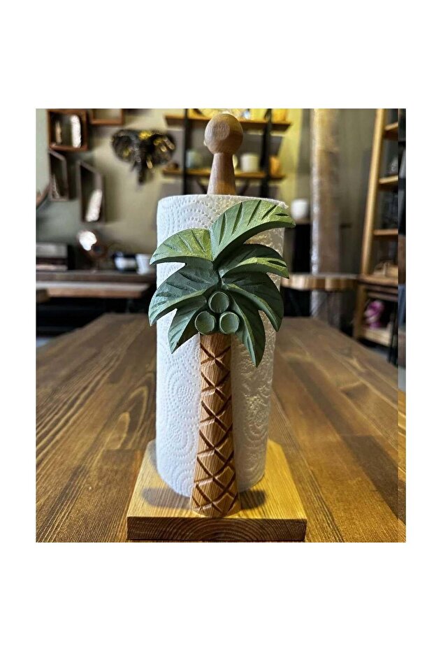 Wooden Carved Napkin Holder Paper Roll Towel Holder Palm Tree Patterned
