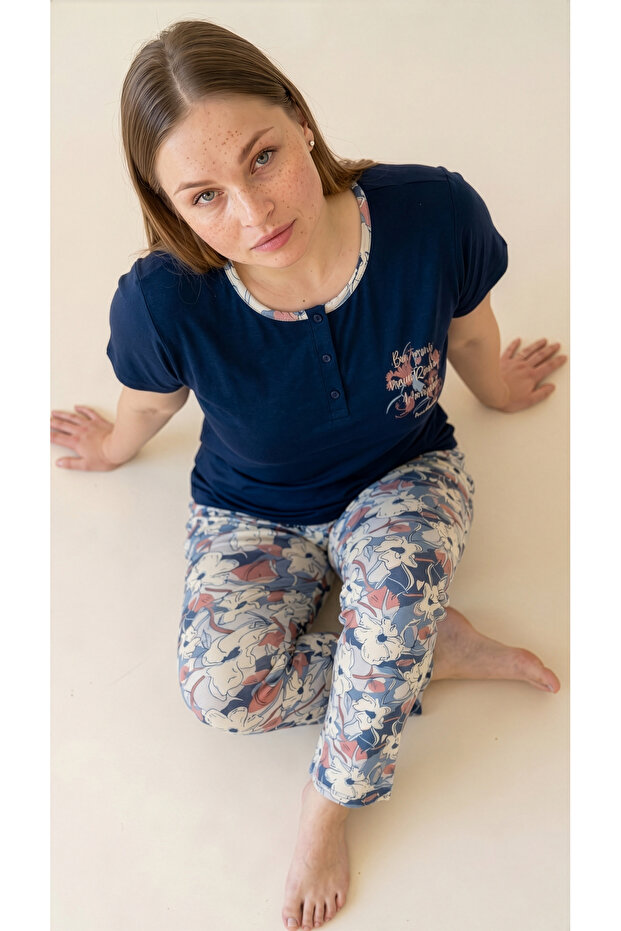 Navy Blue Lace Collar Detailed Viscose Short Sleeve Plus Size Pajama Set