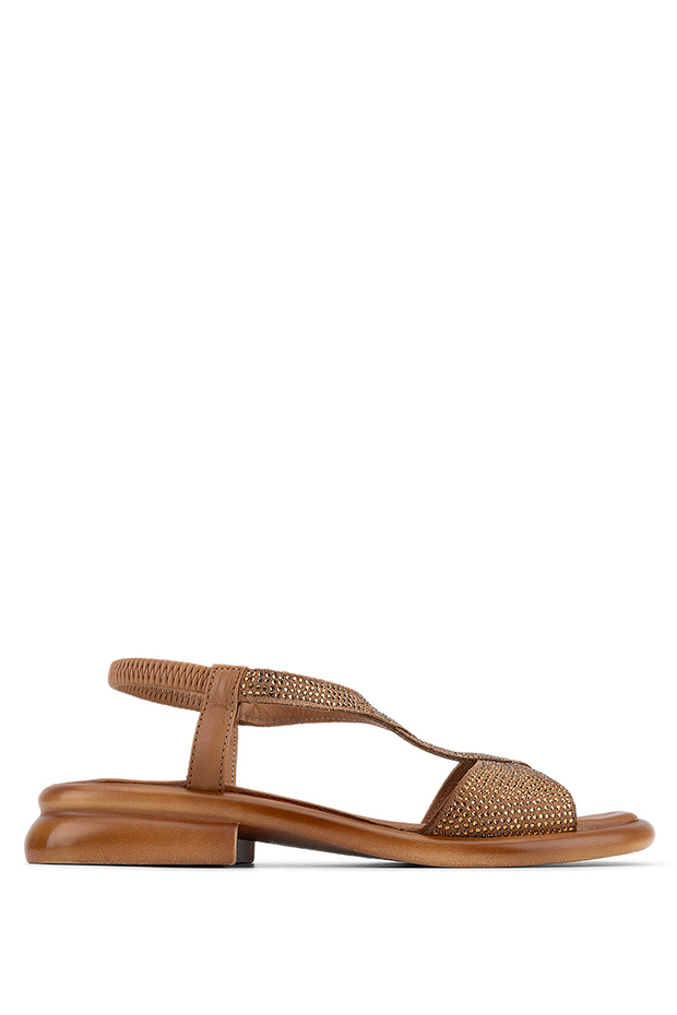 Women's Genuine Leather Tan Flat Sandals