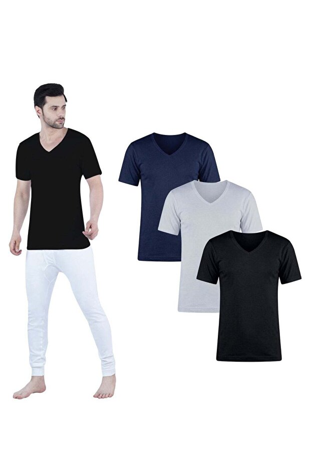 Vneck Vest | Men’s 3PCS | 100% Combed Cotton | Half Sleeve - Blue/Black/Grey