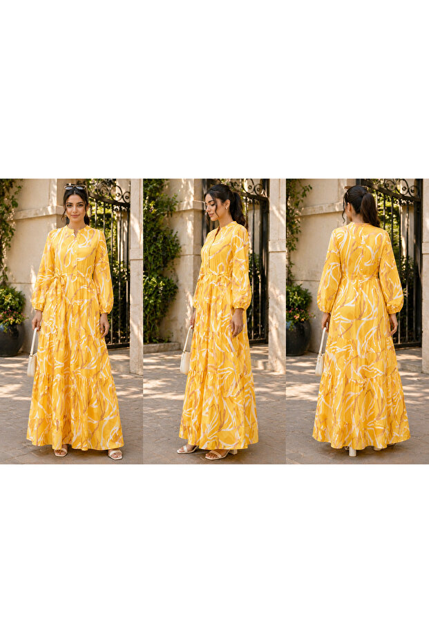 Yellow & White Abstract Print Tiered Casual Dress