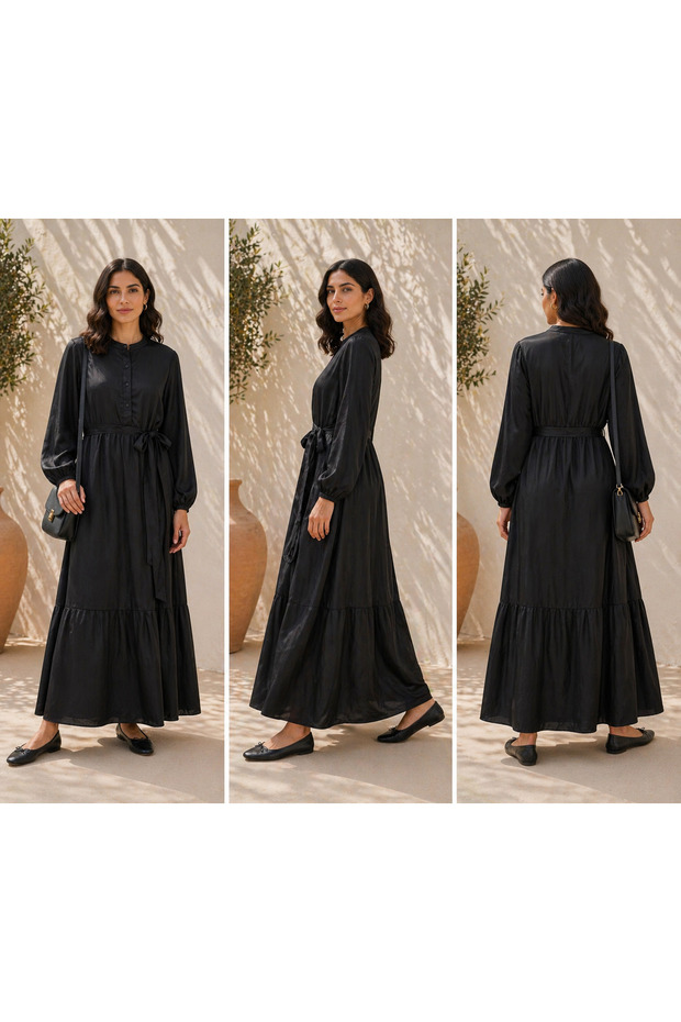 Solid Black Tiered Casual Dress