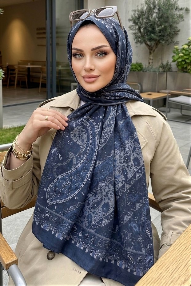 Navy Blue İpekhan Patterned Shawl
