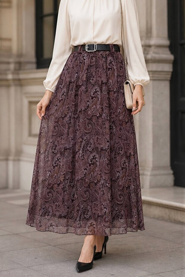 Mink Belted Patterned Chiffon Skirt