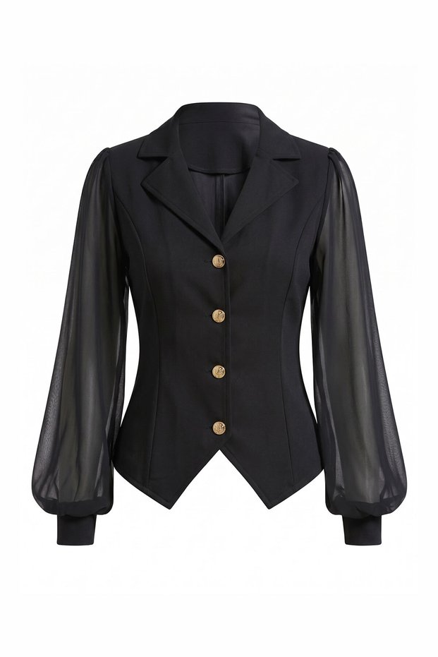 Premium Blouse with Tulle Sleeves - Black