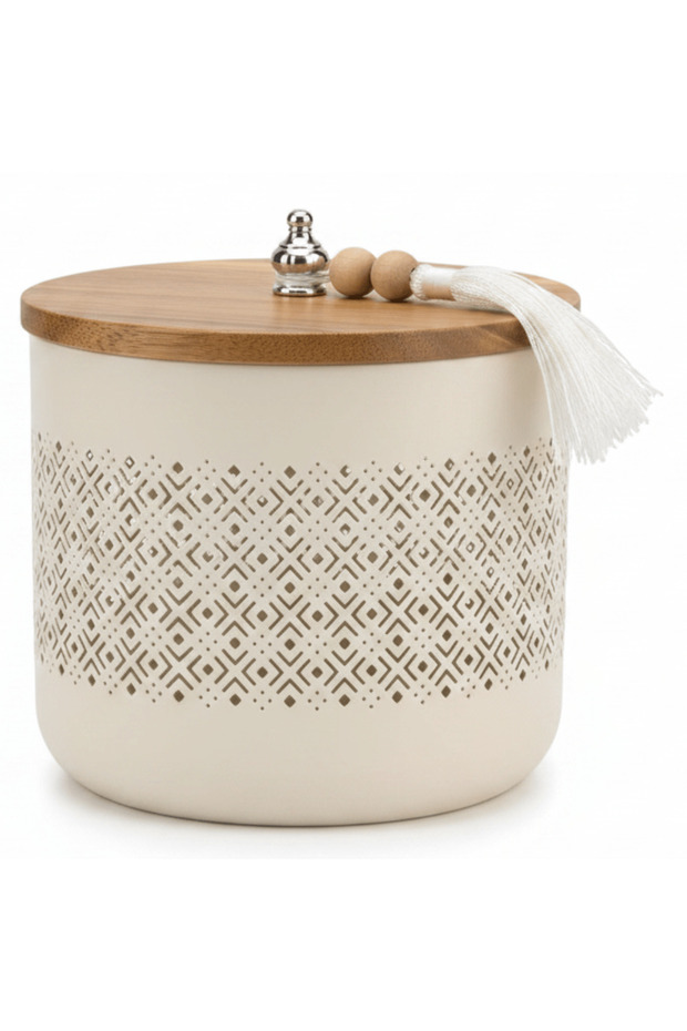 Cream Metal Candy Storage Jar with Wooden Lid –18 × 17 cm