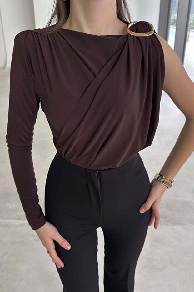 Brown Single Sleeve Buckle Detail Draped Sandy Fabric Blouse