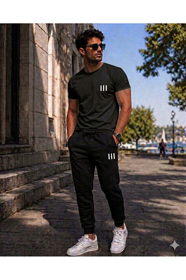 T-Shirt Tracksuit 2-Piece Combination Sweat-Absorbing 3-Line Printed Women's / Men's Unisex Model
