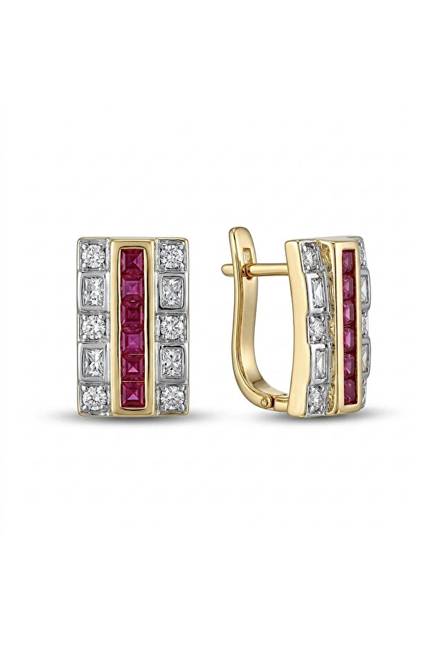 Steel Fuchsia Stone Rectangular Earrings