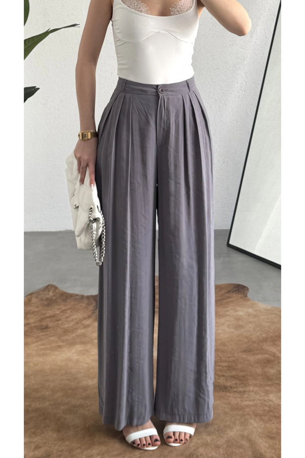 Women's Anthracite Tencel Modal Fabric Three-Pleated Loose-Fit Palazzo Summer Trousers with Hidden Pockets