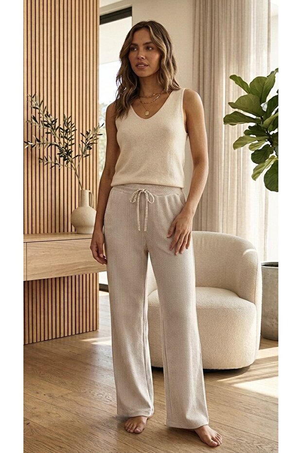 Women's Relaxed Fit Thin Striped Elastic Waist Cotton Pants
