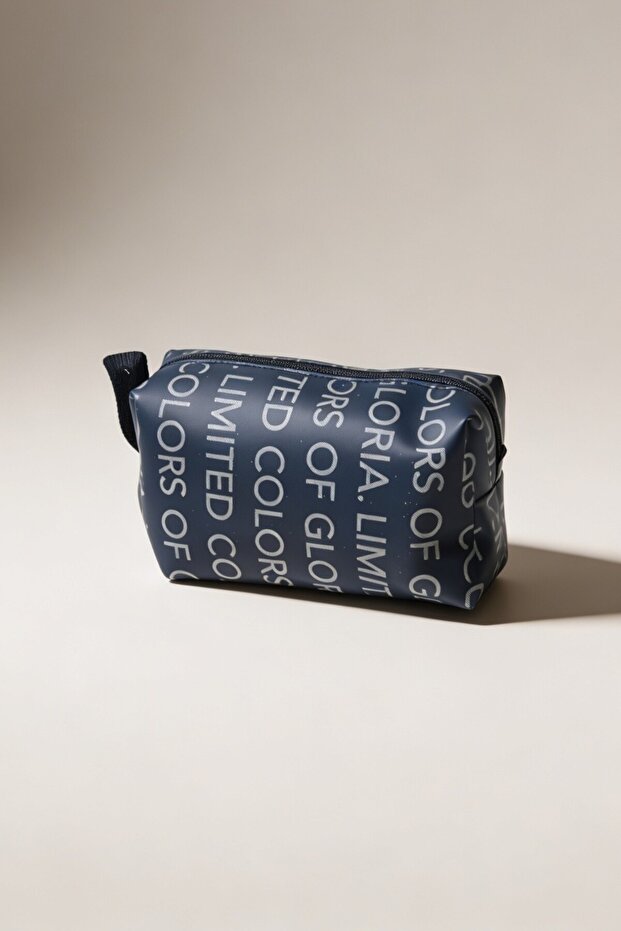 Dark Navy Blue Text Printed Cosmetic Bag Zippered Makeup Organizer Daily Use Bag