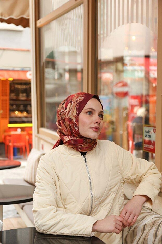 Noa Batik Patterned Shawl - Dark Red-Camel