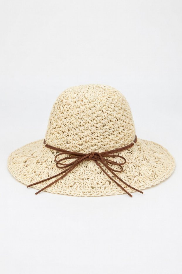 Women's Lace Beige Hand Knitted Tan Lace-Up Straw Bucket | Summer Sun Protection Beach Hat