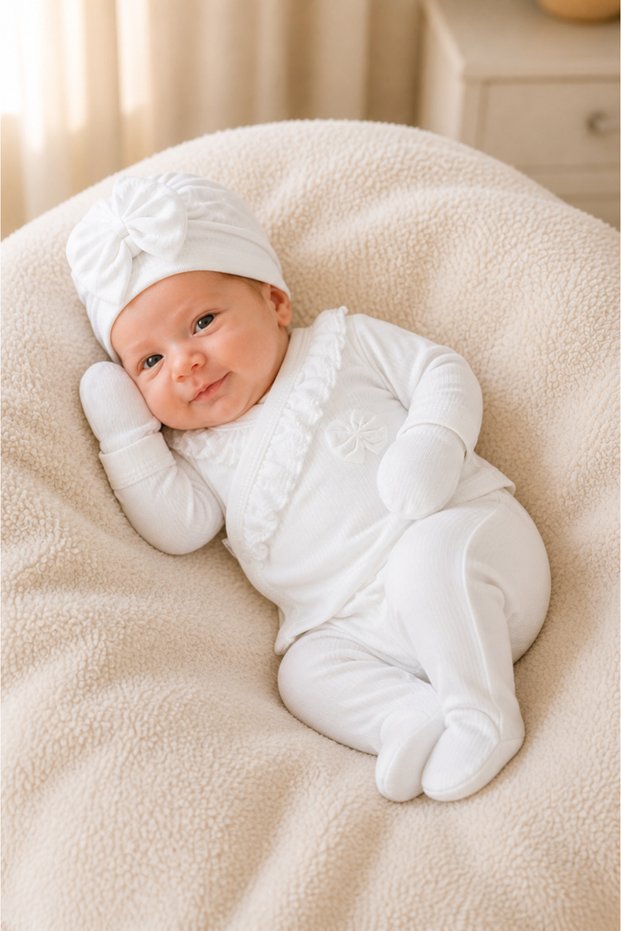 Seasonal Cotton Baby Girl Hospital Discharge Set 5 Pieces – Stylish Design with Ruffle Detail