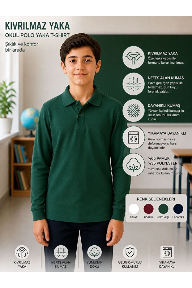 100% Cotton Polo Non-Curling Collar School T-Shirt Breathable Fabric Long Sleeve