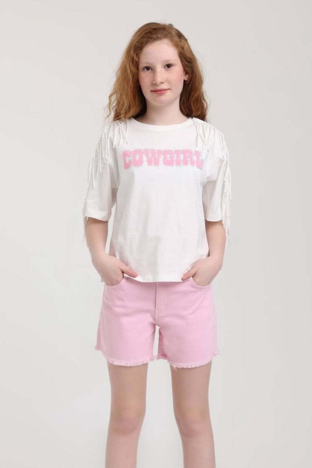 Girl's 5-14 Years Old Cow Girl Tasseled Short Sleeve T-Shirt Ecru-Pink