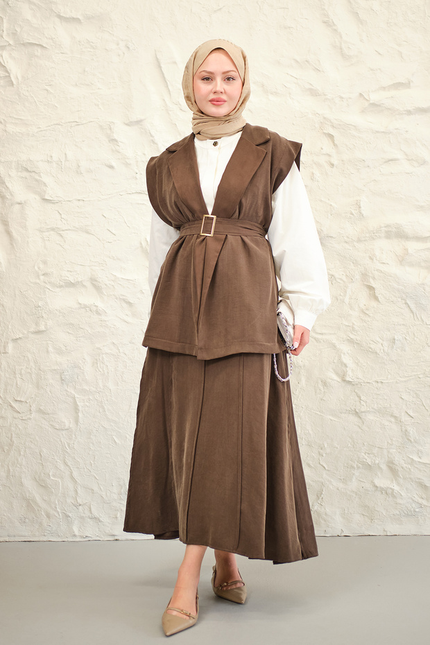 Women's Vest Slit Suit Set Brown