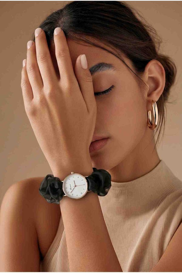 Women's Rose Gold Black Chiffon Scarf Cord Scrunchie Design Wristwatch - Color: Gold - Black