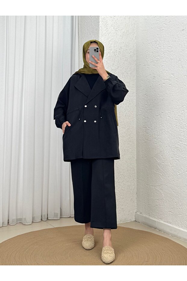 Aydan Snap Fastener Waist-Tightening Jacket with Elasticated Sleeves - Eu3225 Black