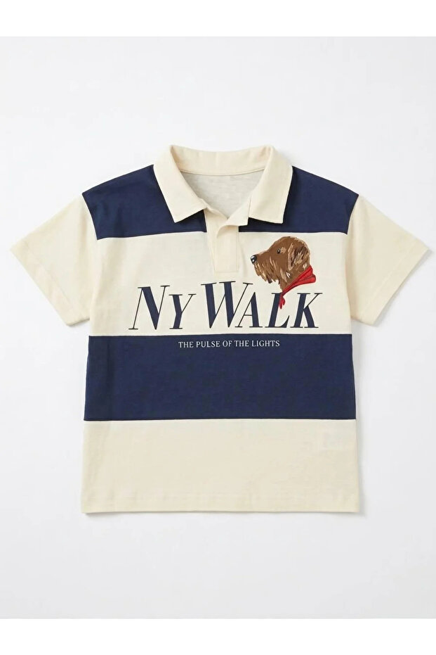 تي شيرت NY Walk للأطفال ذو ياقة مخططة للجنسين