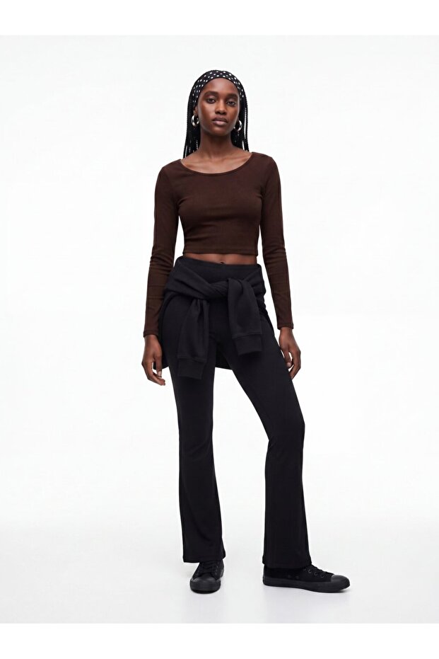 Long Sleeve Crew Neck Crop Brown Sweatshirt
