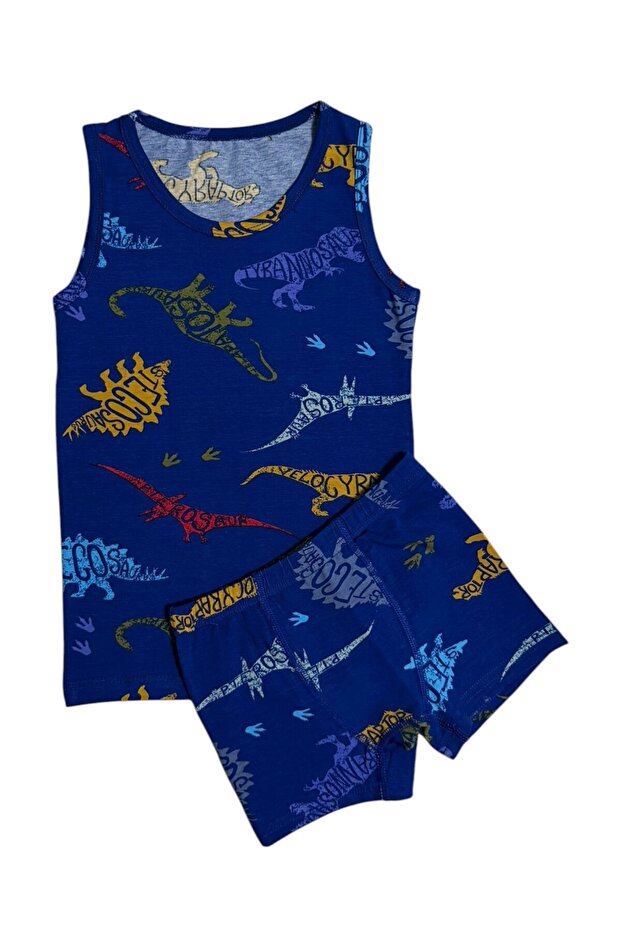 Boy's 100% Cotton Fabric Cobalt Blue Color Dinosaurs Patterned Underwear Set with Stitched Crotch