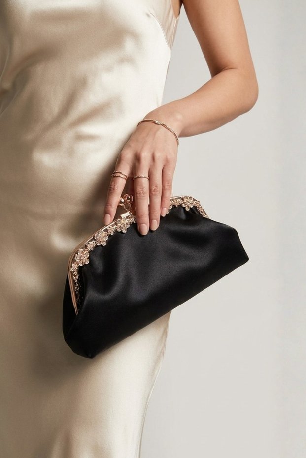 Black Satin Metal Gold Stone Frame Evening Dress Bag