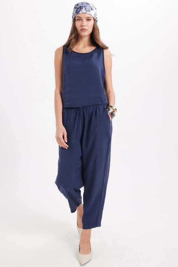 Women's standard fit regular cut lycra crew neck blouse wide leg navy blue pants set