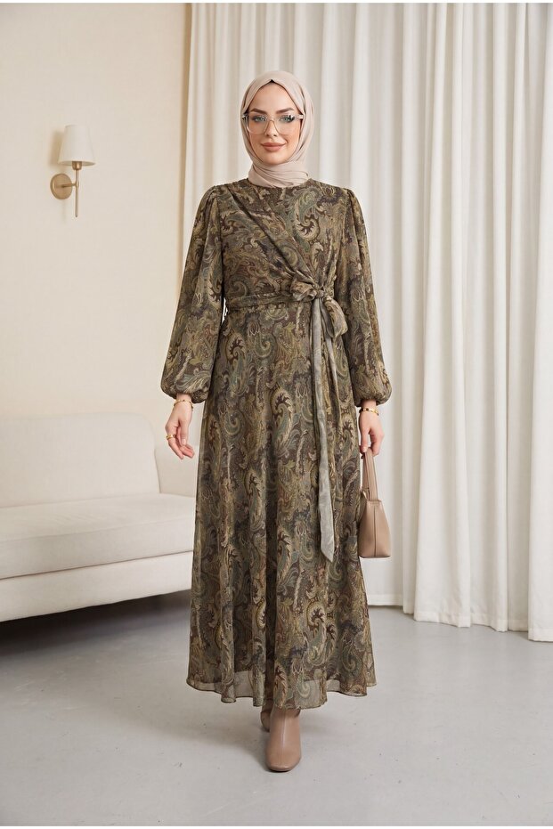 Tied Front, Elasticated Sleeves, Patterned Lined Chiffon Dress -Khaki