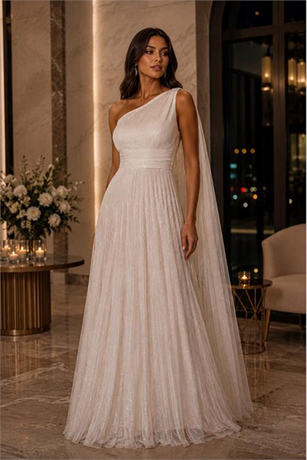 Women's Shoulder Detailed Pleated Sparkling Fabric Evening Dress Dpswll16