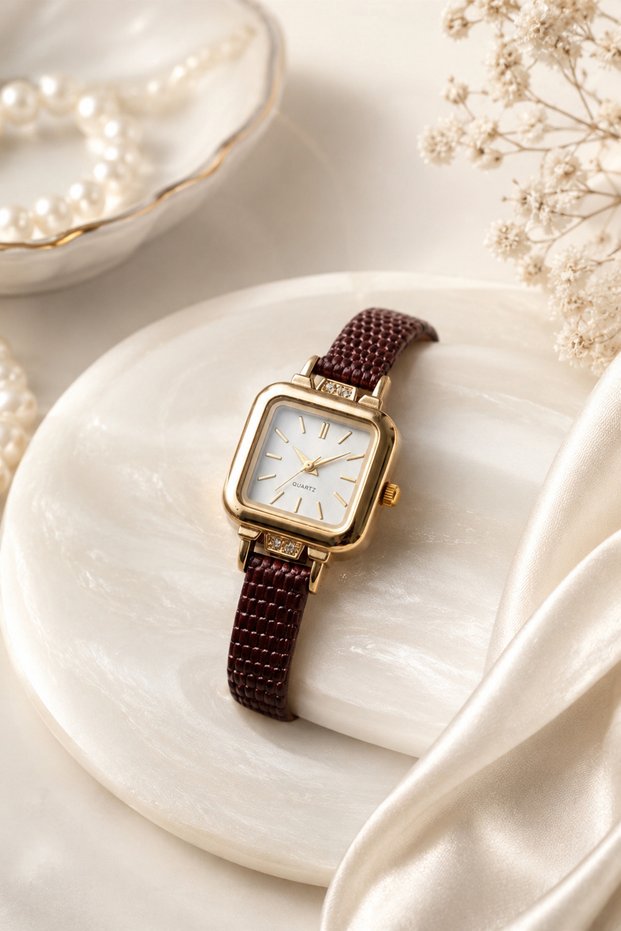 Bordo Cord Gold Square Case Women's Wristwatch | Old Money Luxury Minimal Vintage Stylish Elegant Women's Watch 2026