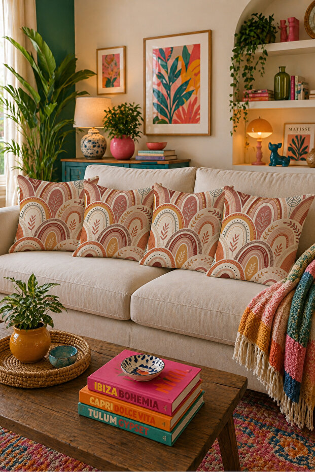 Bohemian Rainbow Patterned 4-Piece Throw Pillow Cover Retro Terracotta Geometric Decorative Set 43X43 cm
