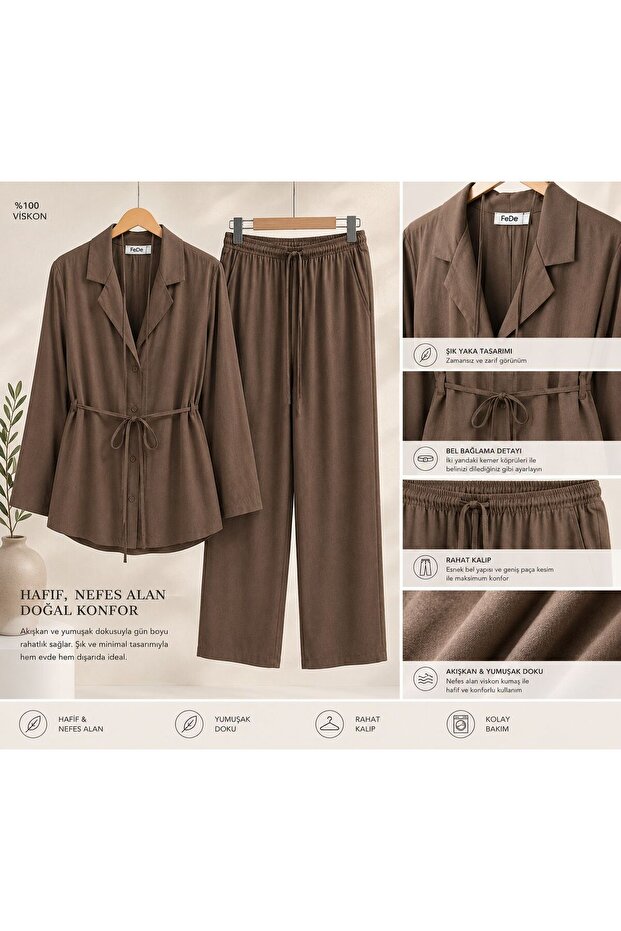 Brown Viscose Shirt with Collar Tie Detail Double Suit