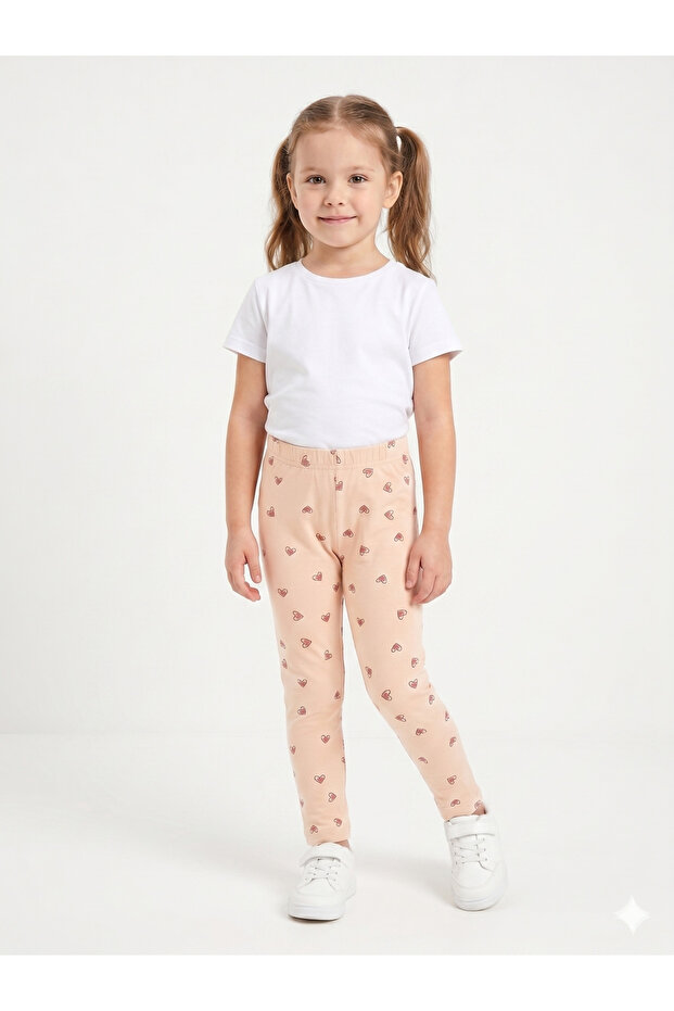 Girl's Powder Heart Printed Elastic Comfortable Cut Combed Cotton Tights
